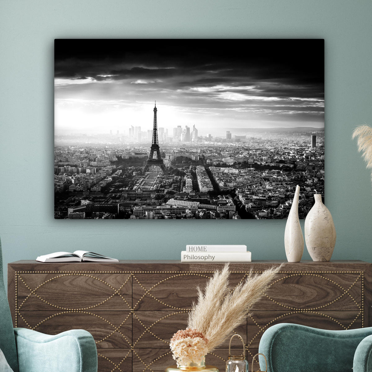 LEINWANDBILD Paris - Skyline - Eiffelturm - Stadt - Wolken Wohnzimmer Groß 120x80 cm - Dunkelgrau, Textil (120/80cm) - MuchoWow