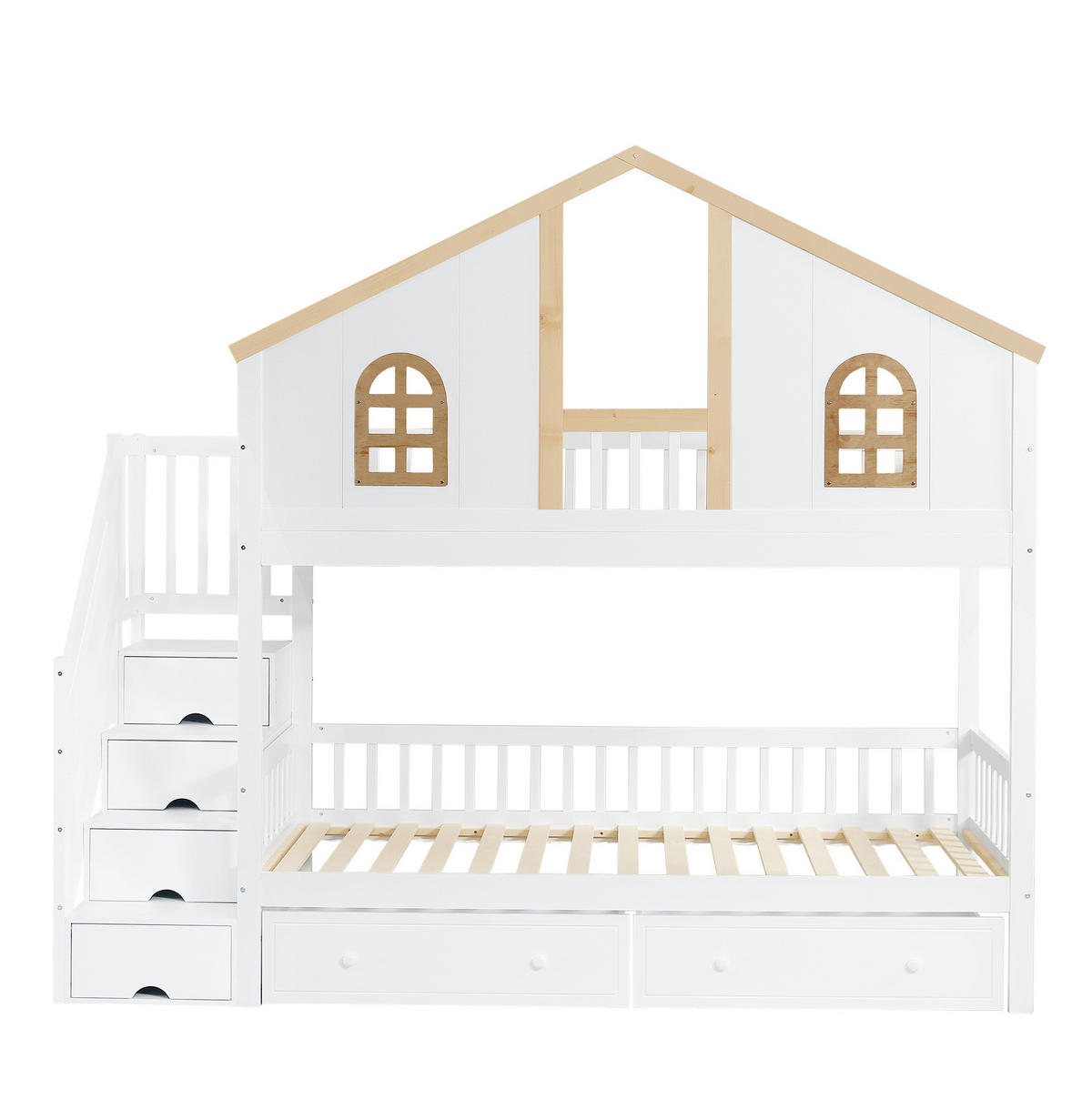 ETAGENBETT 90/200 cm in Weiß/Natur mit Fenster, Stauraumtreppe und Schubladen - Weiß, Holzwerkstoff (90/200cm) - OKMYHOME