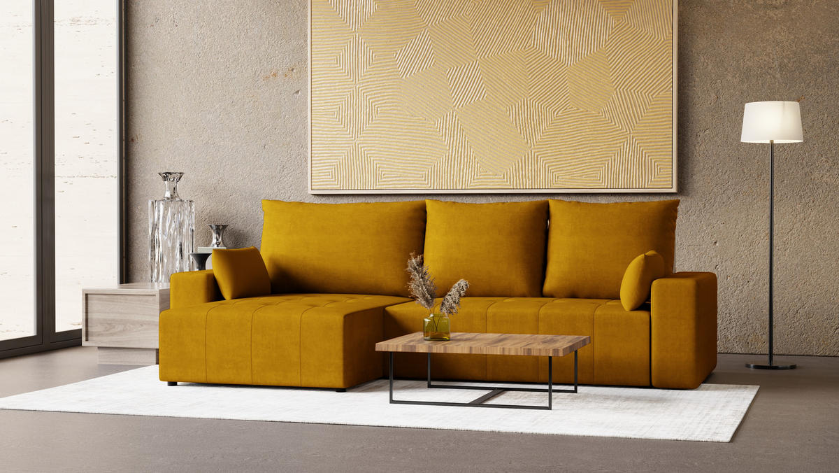 ECKSOFA Tico mit Bettkasten und Schlaffunktion, L-Form/XL-Form, Velourstoff, Universal - Currygelb, Holzwerkstoff (276/145cm) - 4ALL HOME