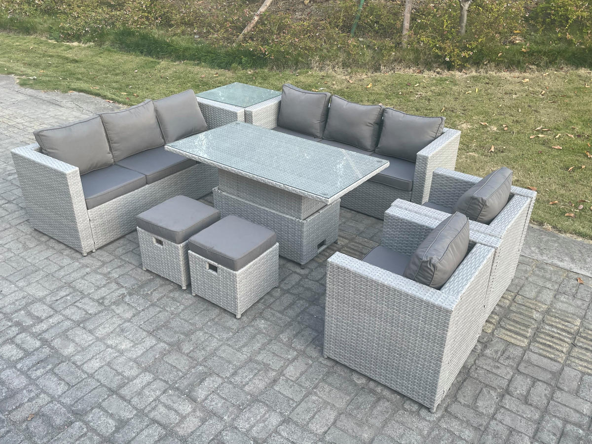 GARTENMÖBEL SET Polyrattan Helles Grau 10-Sitzer - Hellgrau, Metall - Fimous
