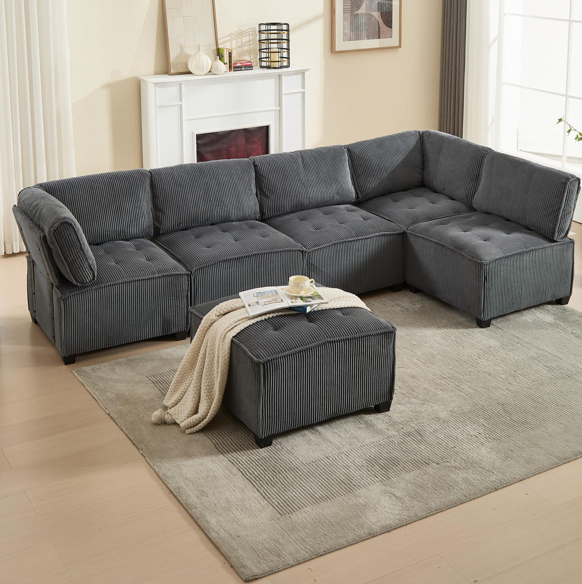 SOFA modular 6-Sitzer 308 x 154 cm Cord Gray - Grau, Kunststoff (154/82/308cm) - Meubliv