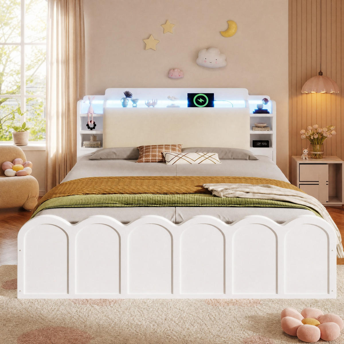 JUGENDBETT 140/200 mit Bettkasten, LED und USB-C in Weiß - Weiß, Holzwerkstoff/Textil (140/200cm) - EVRYAE