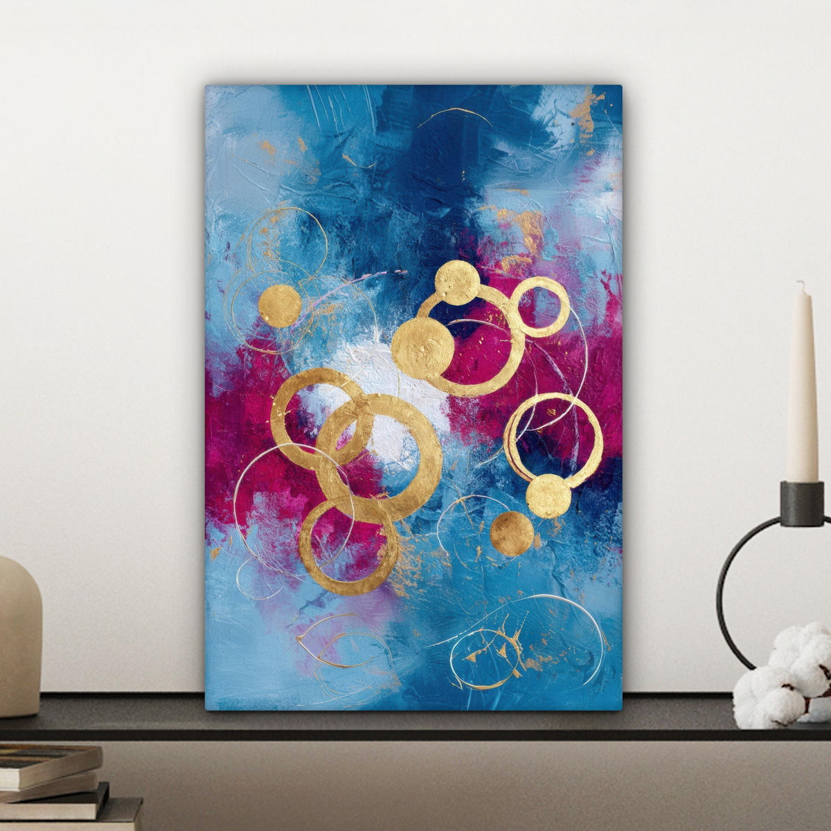 LEINWANDBILD Kreise - Gold - Abstrakt Deko Wohnzimmer 20x30 cm - Blau, Textil (20/30cm) - MuchoWow