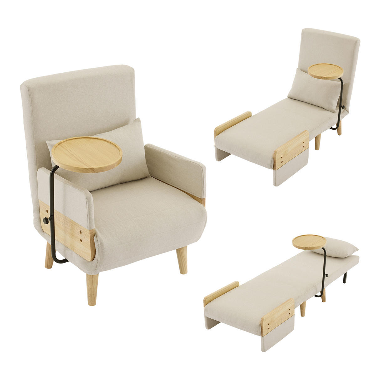 RELAXSESSEL 74.5/66/88 cm Beige mit Schlaffunktion und Holztablett - Beige, Textil (74.5/88/66cm) - Oxeza