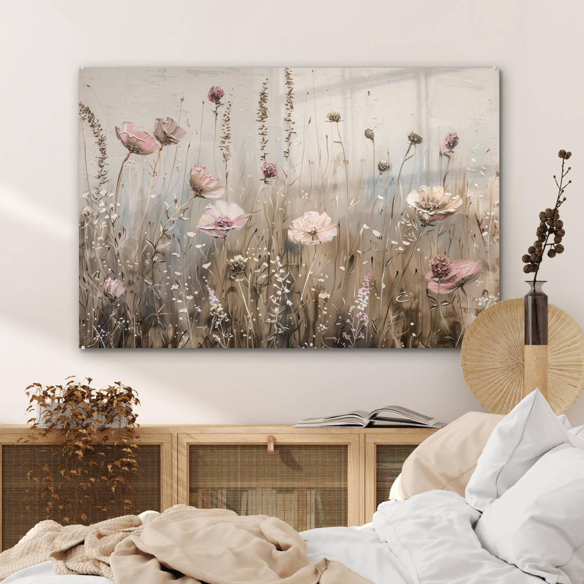ACRYLGLASBILD Blumen - Rosa - Modern - Beige 120x80 cm - Beige, Glas (120/80cm) - MuchoWow