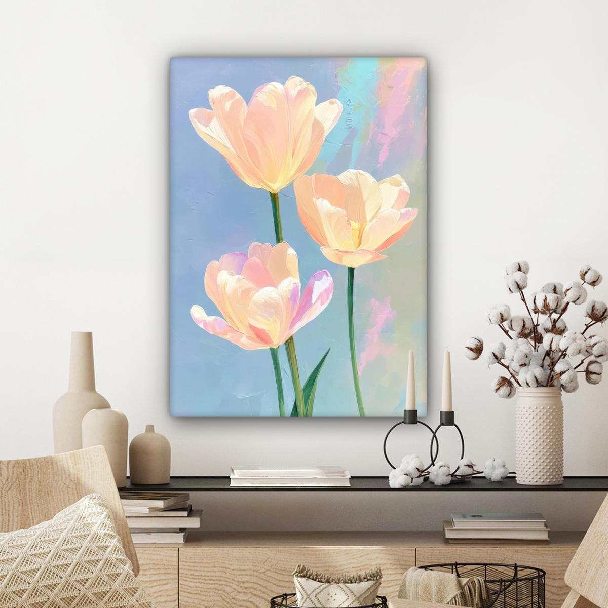 LEINWANDBILD Tulpen - Rosa Akzente - Blau Wandbild Wohnzimmer 60x80 cm - Pastellblau, Textil (60/80cm) - MuchoWow