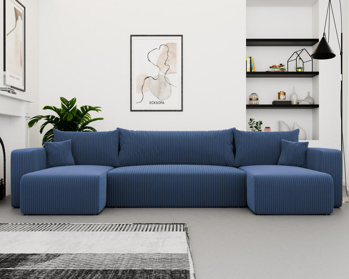 WOHNLANDSCHAFT mit Schlaffunktion und Bettkasten, Blau - Blau/Schwarz, Kunststoff/Textil (318/79/145cm) - Idohome