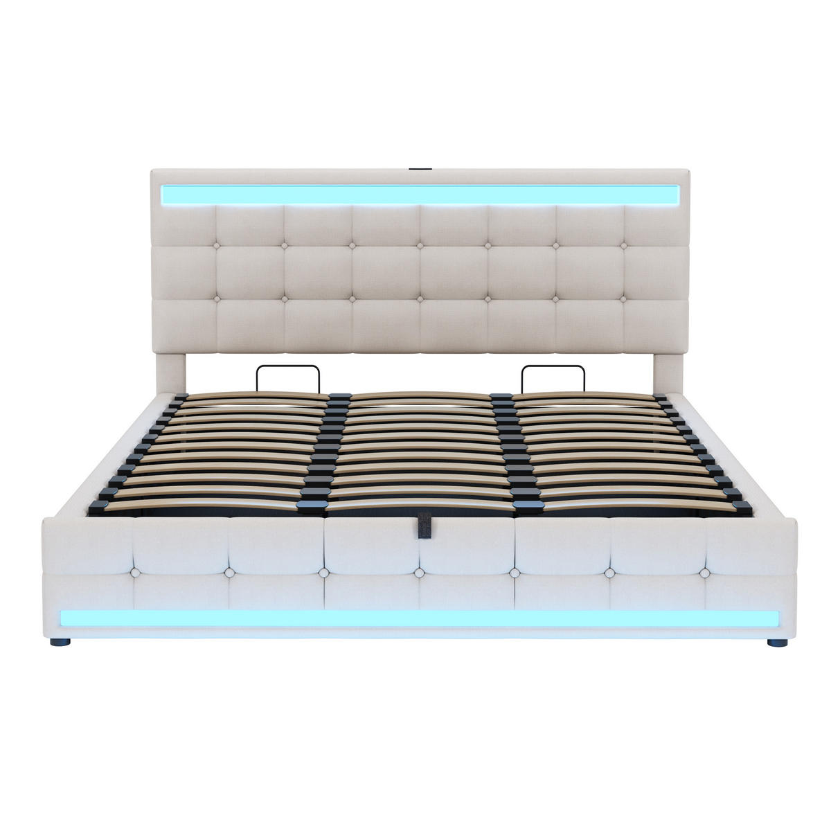 POLSTERBETT aus Leinenstoff 180x200 cm in Beige mit RGB-LED & 2 USB-Anschlüssen - Beige, Textil (180/200cm) - Modfu