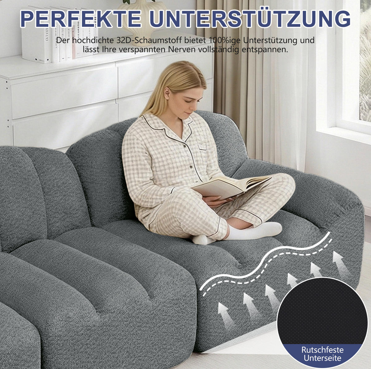 MODULARES Ecksofa mit Ottomane aus granuliertem Fleece Grau 288x165x79 cm, als 3-Sitzer stellbar - Grau, Textil (165/288cm) - IVMEU