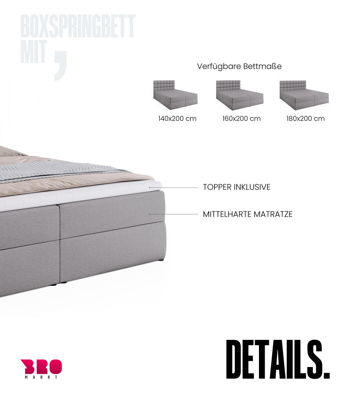 BOXBETT Dakota mit Topper 180/200 Grau - Grau, Textil (180/200cm) - Bromarkt