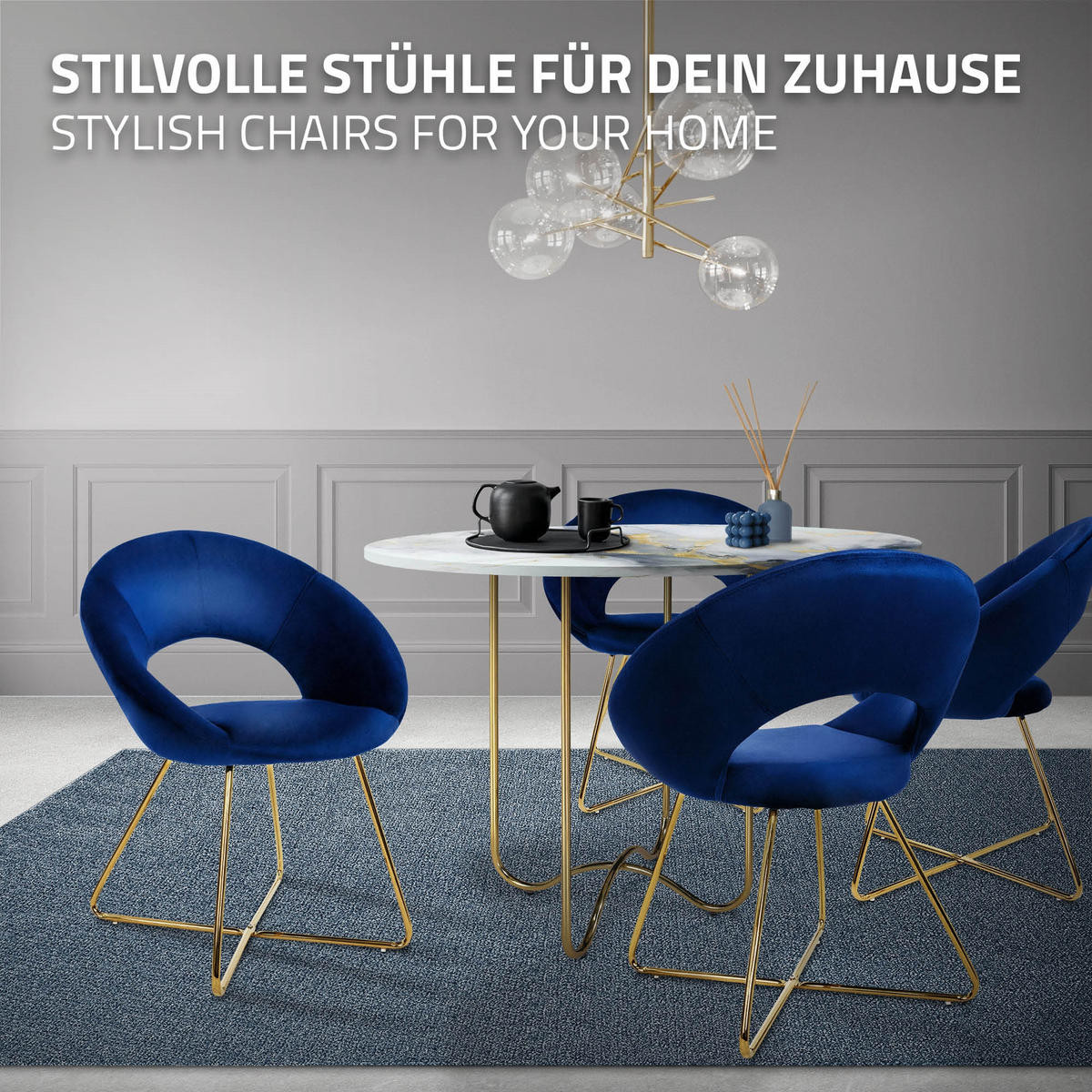 JÍDELNÍ ŽIDLE, sada 4 ks, modrý samet - modrá/zlatá, kov (53/77/64cm) - ML-DESIGN