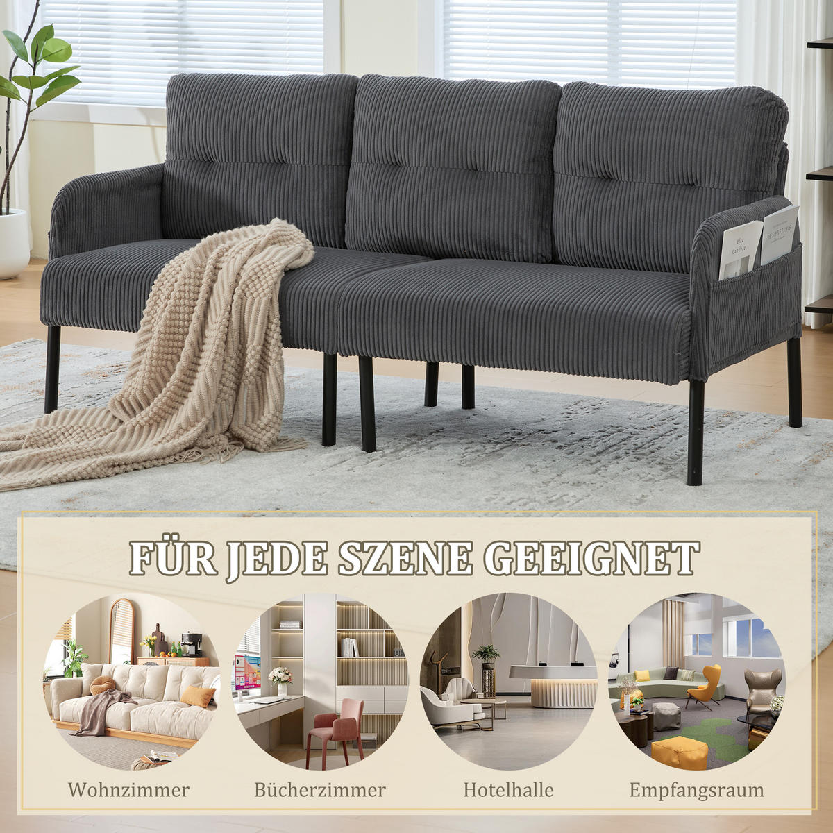 3-SITZER Sofa mit Seitentaschen, Metallgestell & Leinenstoff, 171cm, Grau - Schwarz/Grau, Textil/Metall (171/80/72cm) - LVHOM