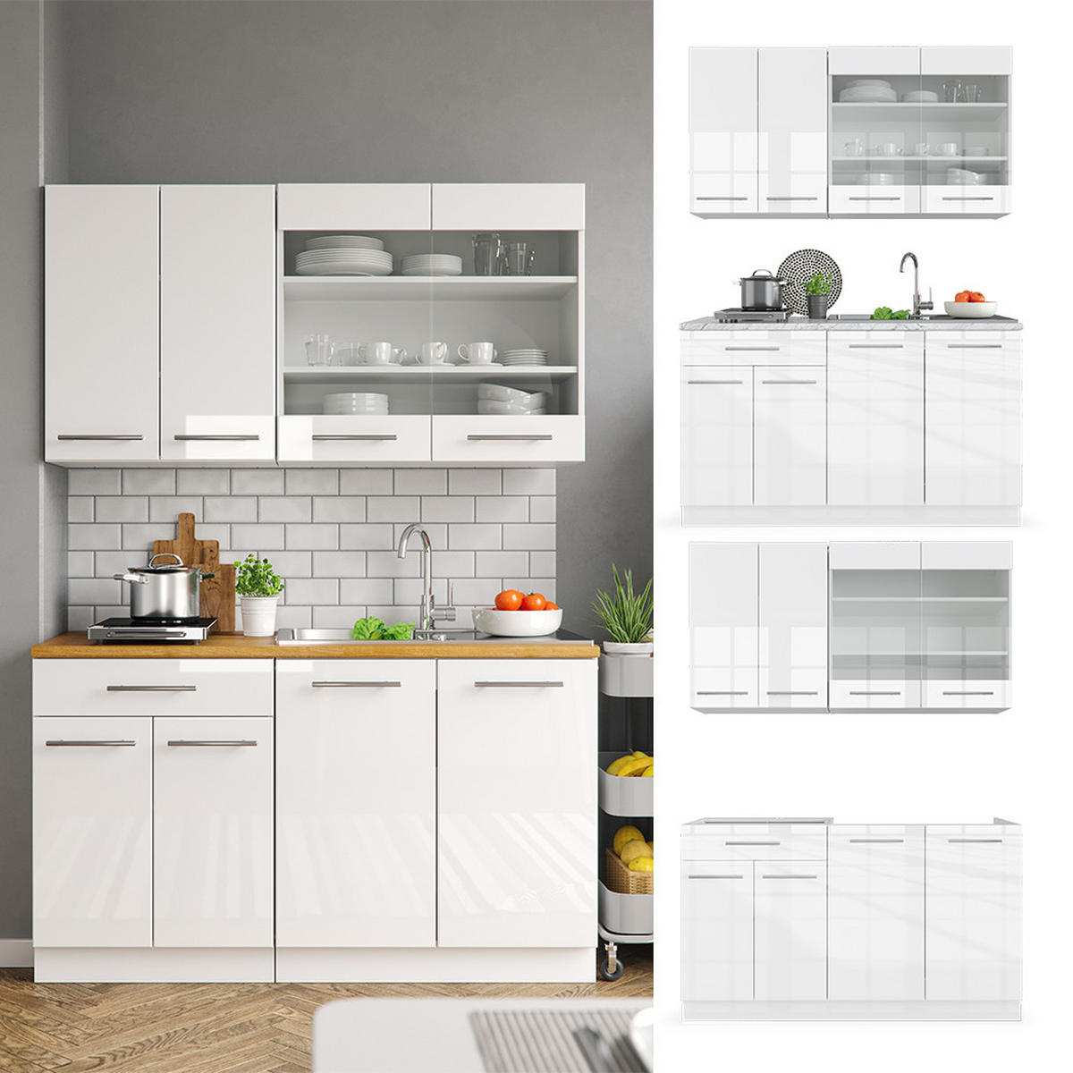 SINGLEKÜCHE Fame-Line Weiß Hochglanz/Weiß 140 cm, AP Marmor - Weiß Hochglanz/Weiß, Holzwerkstoff (140/81.6/60cm) - Vicco