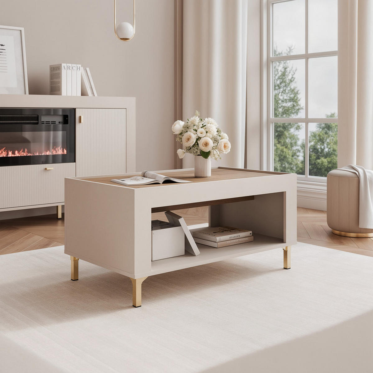 COUCHTISCH AVENA 97/56/47 cm Rechteckig, Kaschmir/Eiche - Kaschmir/Schwarz, Holzwerkstoff/Metall (56/97/47cm) - Idohome