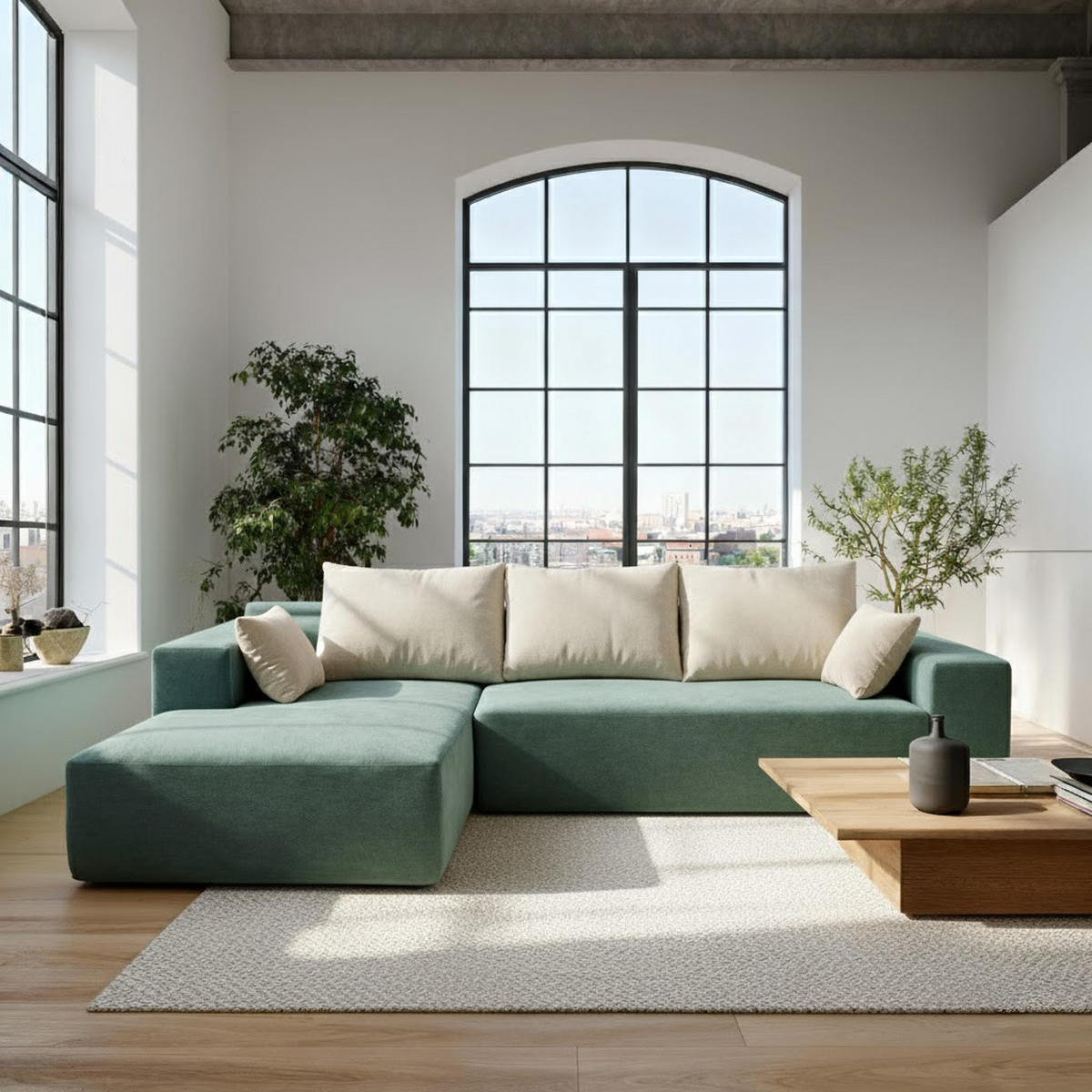 ECKSOFA Luna Salbei Weiß 3-Sitzer Links - Salbeigrün, Textil (267/175cm) - COCO Living