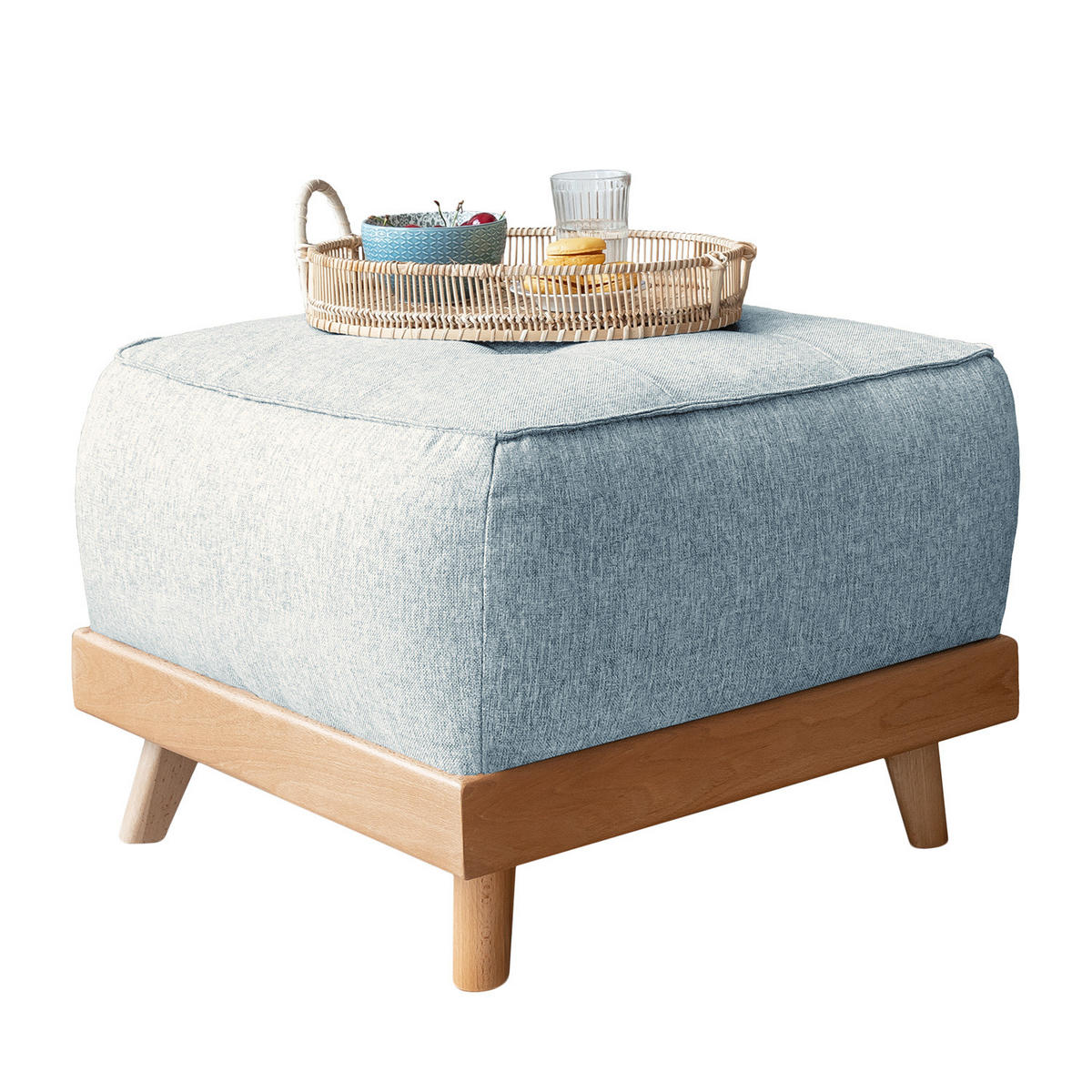 POLSTERHOCKER - Webstoff - Blau/Buchefarben, Buchenholz/Textil (60/42/60cm) - home24