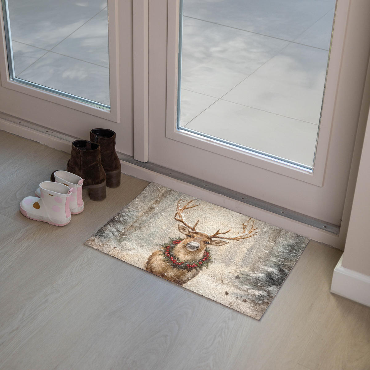 FUSSMATTE Weihnachten - Rentier - Winter - Kranz 60x40 cm - Braun, Kunststoff (60/0.4cm) - MuchoWow