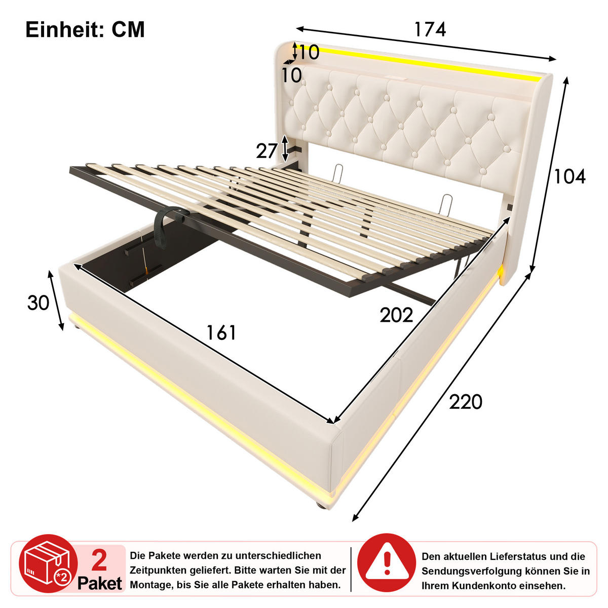 ČALOUNĚNÁ POSTEL 160 × 200 cm v bílé barvě s úložným prostorem, LED osvětlením a USB/USB-C - bílá, kov/kompozitní dřevo (160/200cm) - WISHDOR