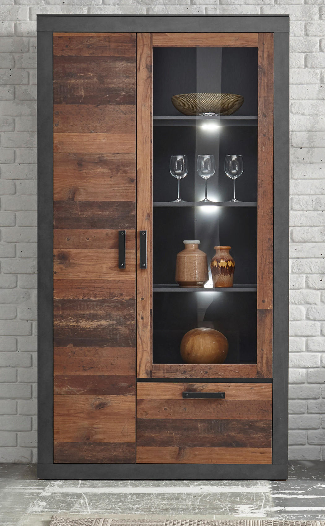 VITRINE Old Used Wood Shabby Design mit grau, Vitrinenschrank mit viel Stauraum - Dunkelgrau/Braun, Holzwerkstoff/Kunststoff (97/201/40cm) - Furn.Design