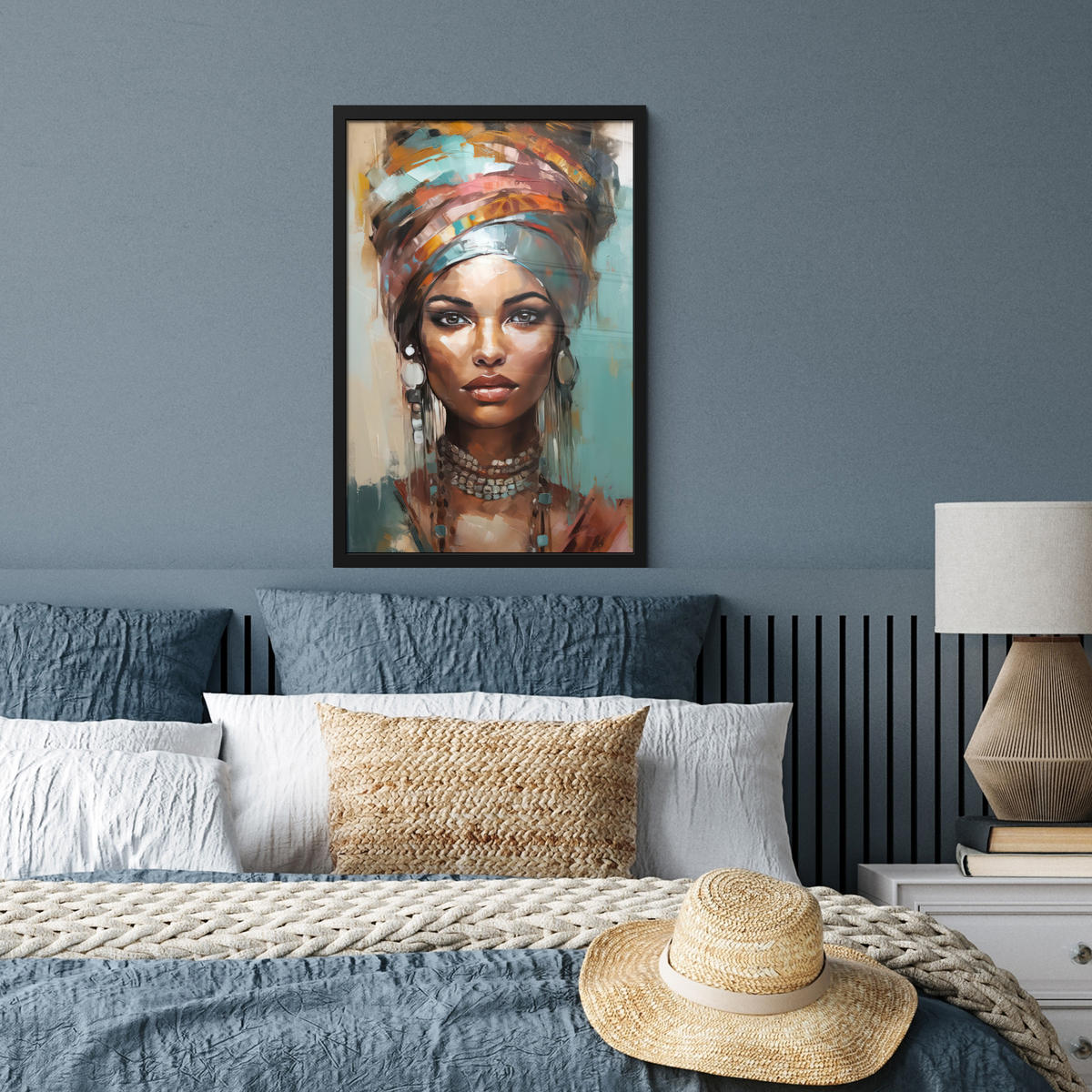 GERAHMTES BILD Frau - Kunst - Schmuck - Porträt 40x60 cm - Blaugrau, Papier (40/60cm) - MuchoWow