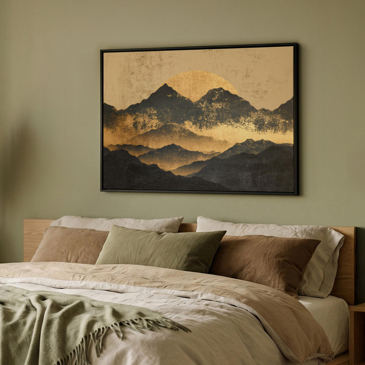 LEINWAND Bilder mit Rahmen - Goldene Berge bei Mondschein - 100x70 - Goldfarben, Textil (100/70cm) - MuchoWow
