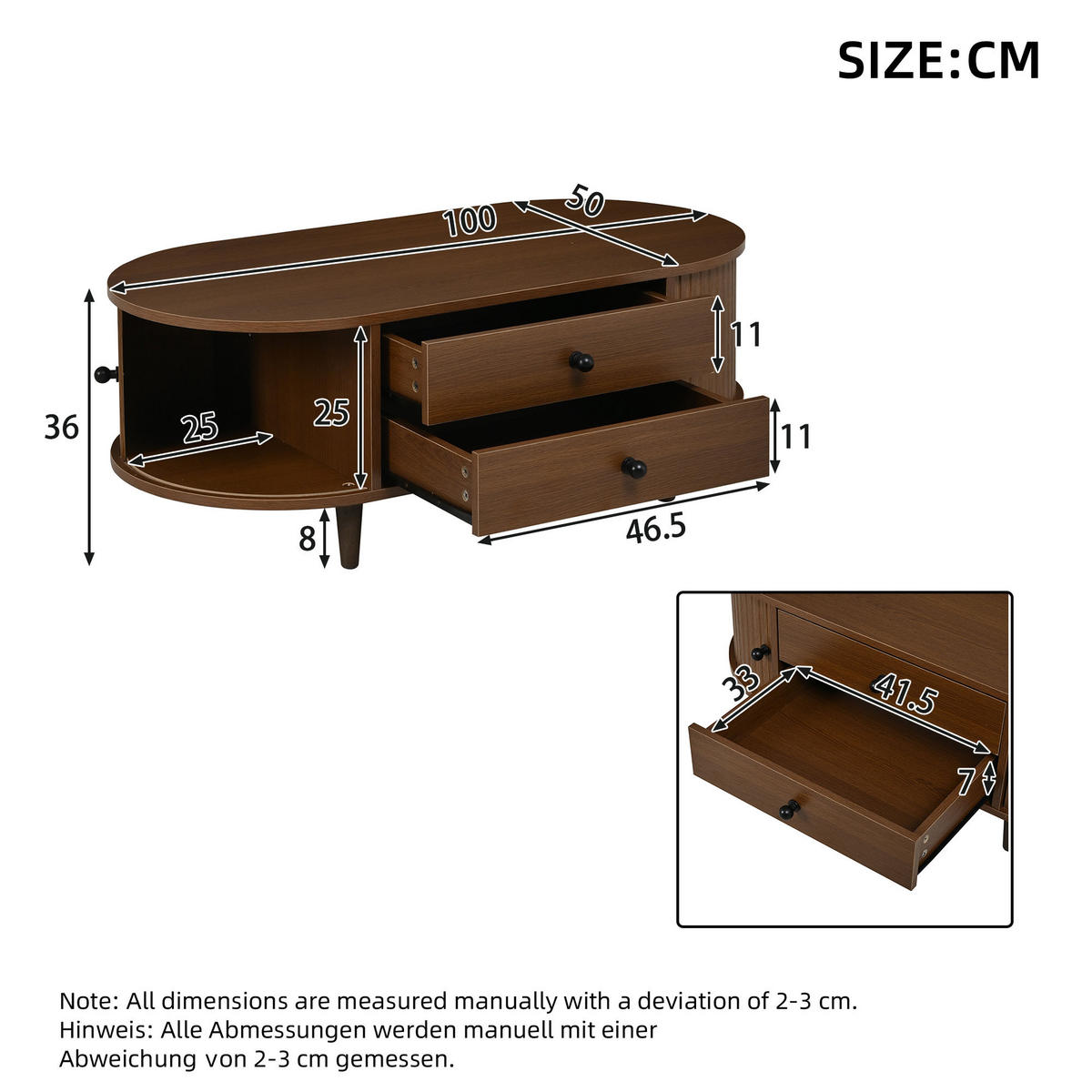 COUCHTISCH in Holzoptik Runder Kaffeetisch mit Rolltüren und Schubladen, Massivholzbeinen, 100/50/36 cm - Dunkelbraun, Holzwerkstoff (50/100/36cm) - STILVORA
