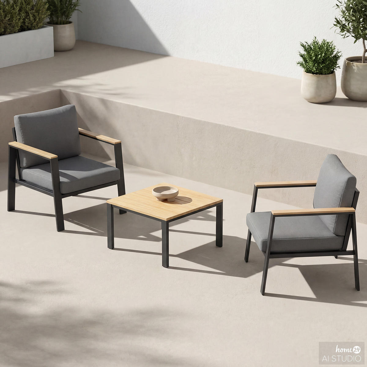 LOUNGESET - Eukalyptus massiv / Polyester - Braun / Anthrazit - 3-teilig - Braun/Grau, Holz/Textil - home24