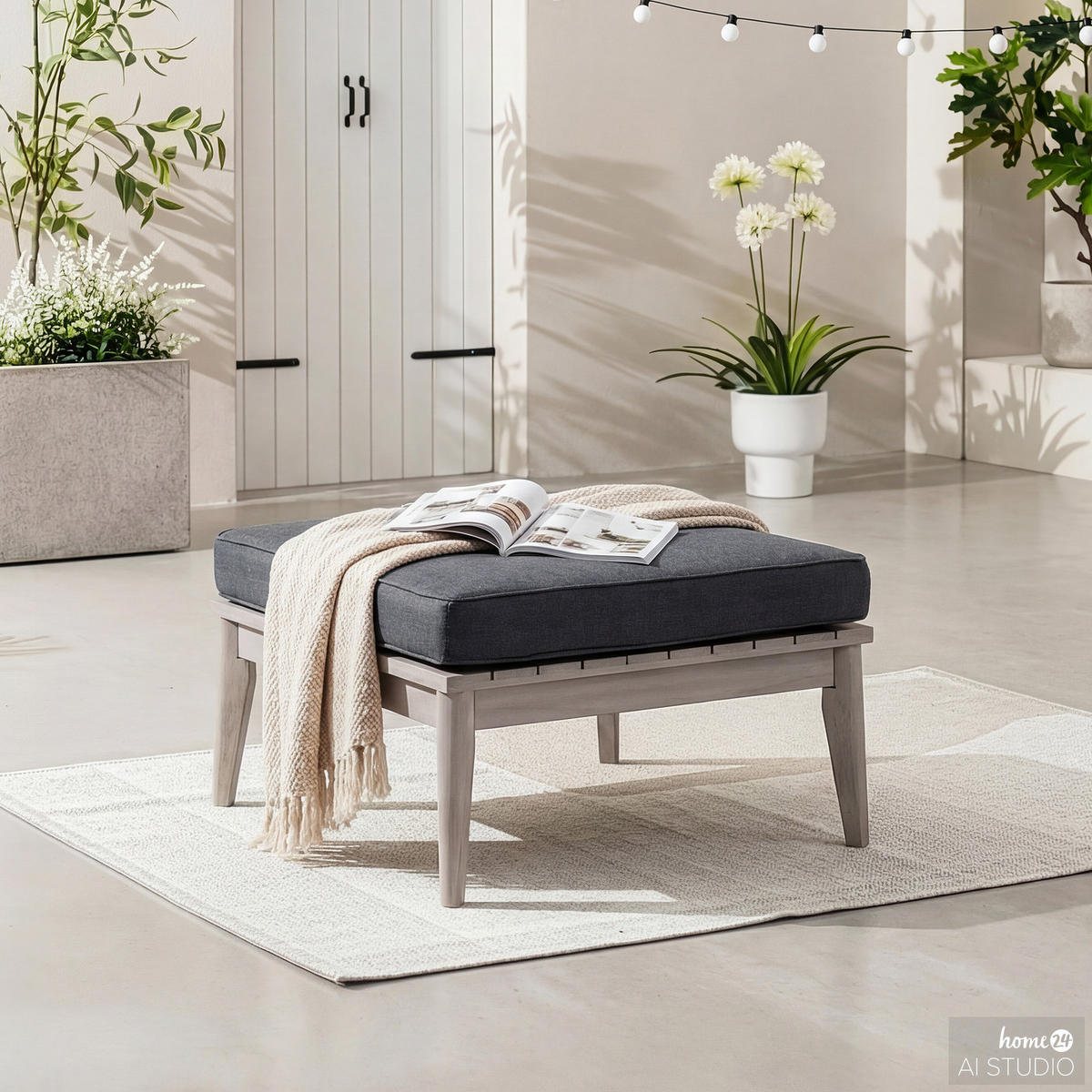 LOUNGEHOCKER - Webstoff / Akazie massiv - Anthrazit / Grau - Anthrazit/Braun, Holz/Textil (62/40/62cm) - home24