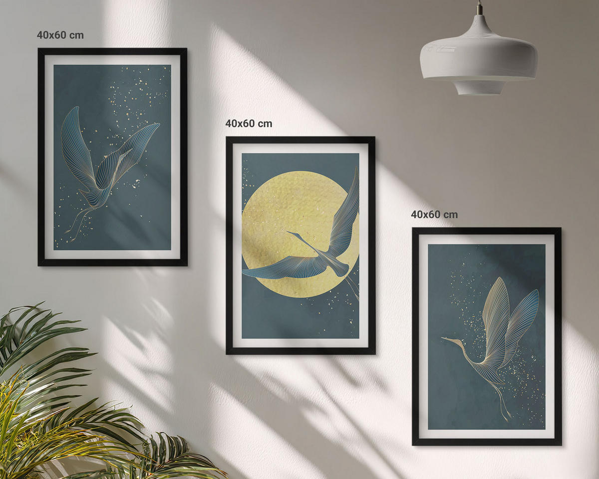 BILDER SET 3er Set - 40x60 cm Schwarzer Rahmen - Kraniche im Flug bei Nacht - Schwarz, Kunststoff (40/60cm) - TULUP