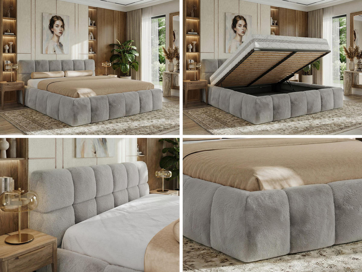 POLSTERBETT NIRA CLASSIC 200/200 - Hellgrau Plüsch - Schaum-Matratze - Hellgrau, Textil (200/200cm) - MKS
