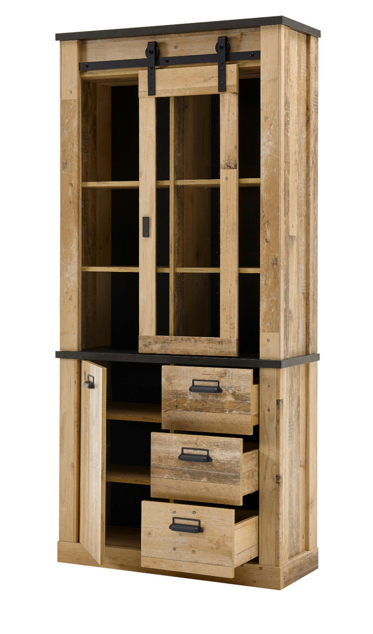VITRINE Used Wood hell, anthrazit 93 x 201 cm, Vitrinenschrank mit Soft-Close - Anthrazit/Schwarz, Glas/Holzwerkstoff (93/201/38cm) - Furn.Design