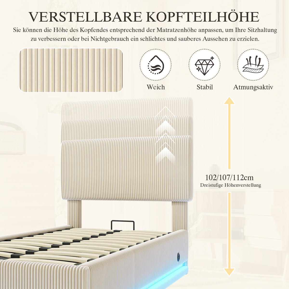 POLSTERBETT mit LED und USB-C 90x200 cm Cord Beige - Beige, Metall (90/200cm) - Meubliv
