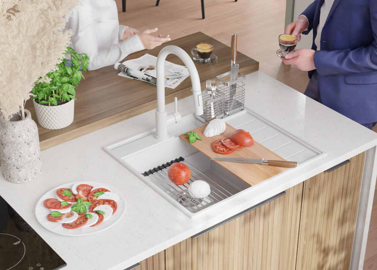 SPÜLBECKEN Sydney Pocket, 2-er set Weiß 62/53 cm 1 Becken + Ablauf-Set + Küchenzubehörset ab 45er Unterschrank - Chromfarben/Beige, Kunststoff (62/20/53cm) - Primagran