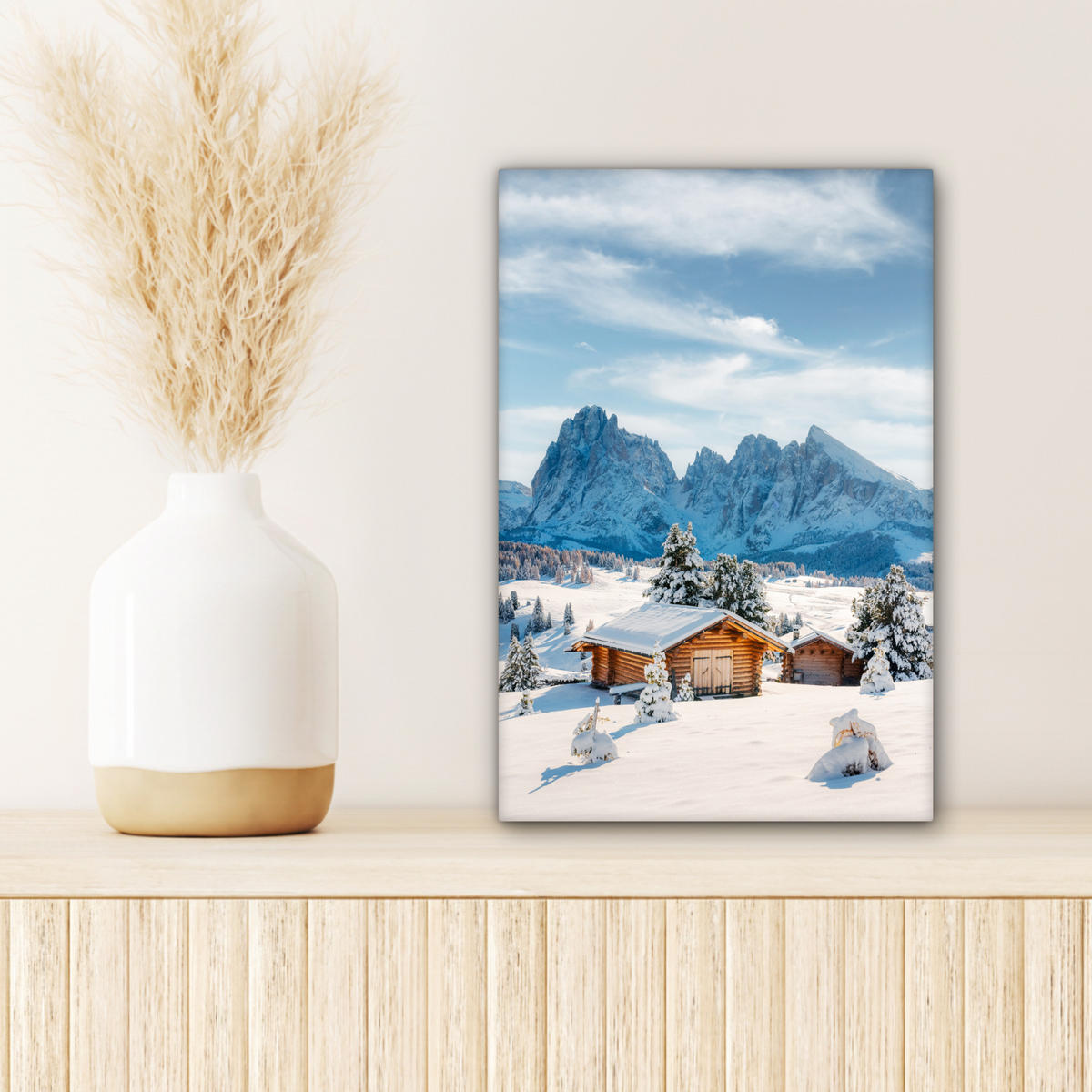 LEINWANDBILD Winter - Hütte - Berge - Aussicht - Schnee 20x30 cm - Eichefarben, Textil (20/30cm) - MuchoWow
