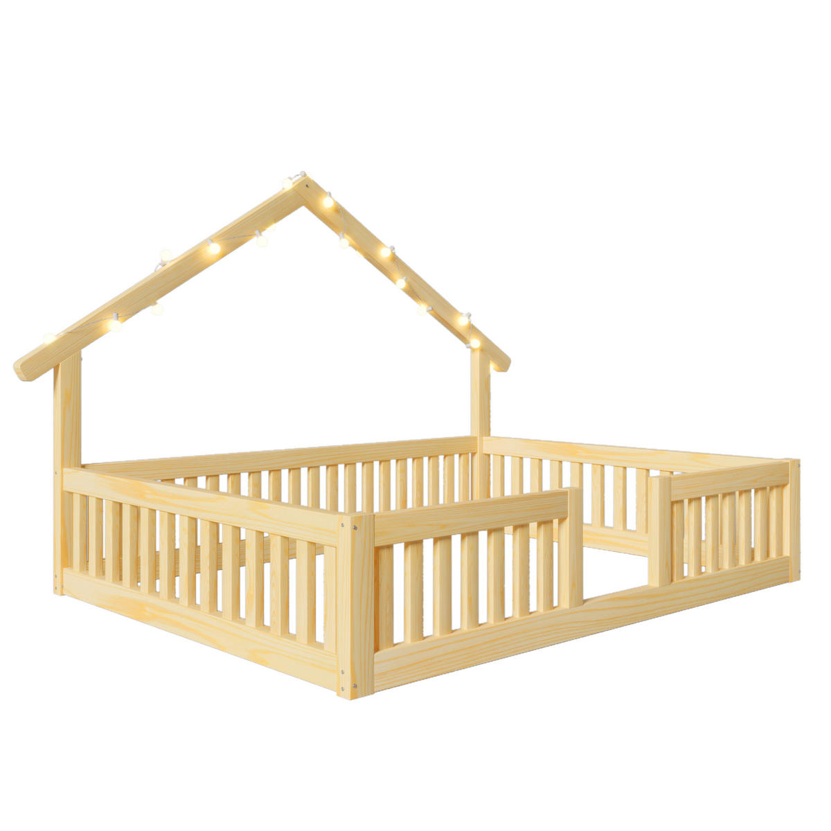 HAUSBETT 140/200 cm in Natur mit Rausfallschutz und LED Holz Design - Naturfarben, Holzwerkstoff (140/200cm) - STILVORA