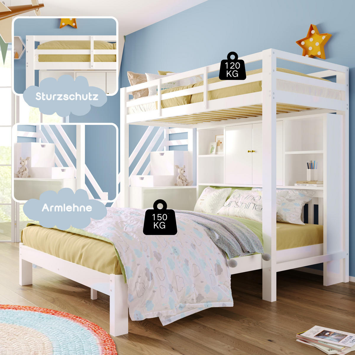 ETAGENBETT 90/200 cm und 140/200 cm weiß aus Massivholz und MDF mit Stauraumtreppe - Weiß, Holz (90/200cm) - OKWISH