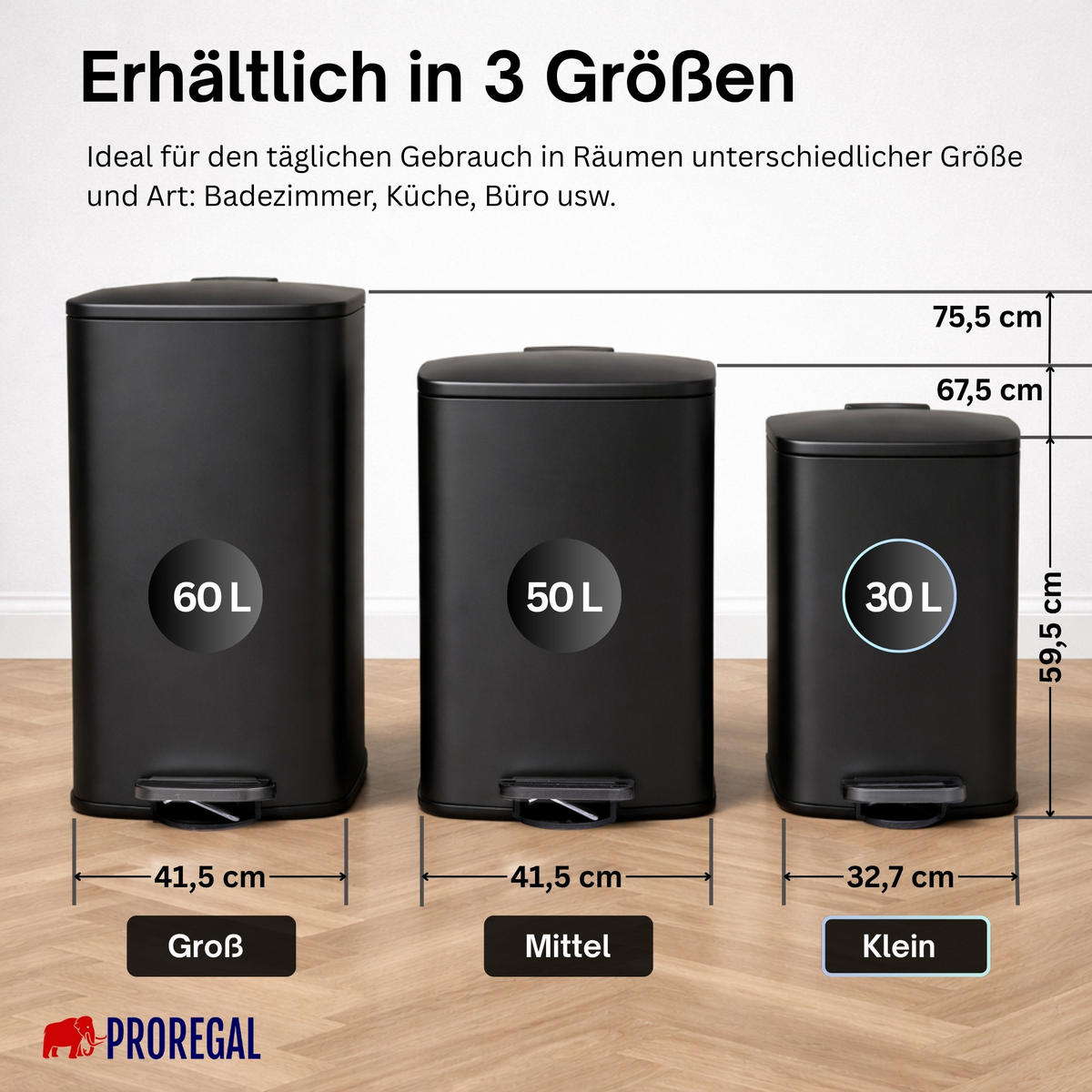 MÜLLEIMER 50 Liter mit Softclose & Fußpedal - Schwarz, Metall (41.5/67.5/49cm) - PROREGAL