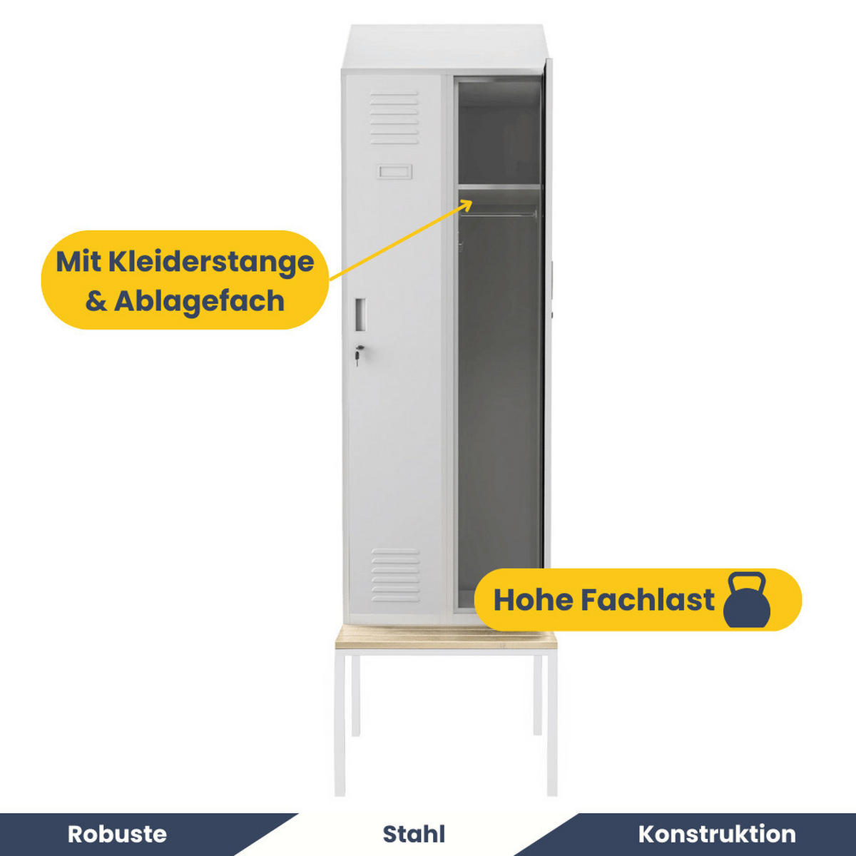 UMKLEIDESCHRANK Spind mit Sitzbank BARCA 2 Abteile 229,5x60x85cm Grau - Grau, Metall (60/229.5/85cm) - DELUKE