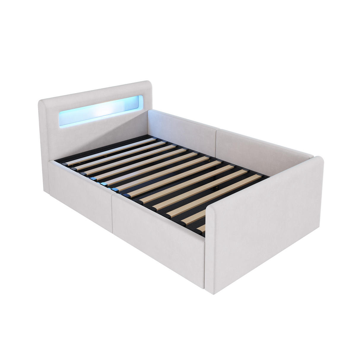 KINDERBETT 90/200 cm aus Samtstoff mit LED-Kopfteil und hydraulischem Stauraum Beige - Beige, Textil (90/200cm) - Modenvie