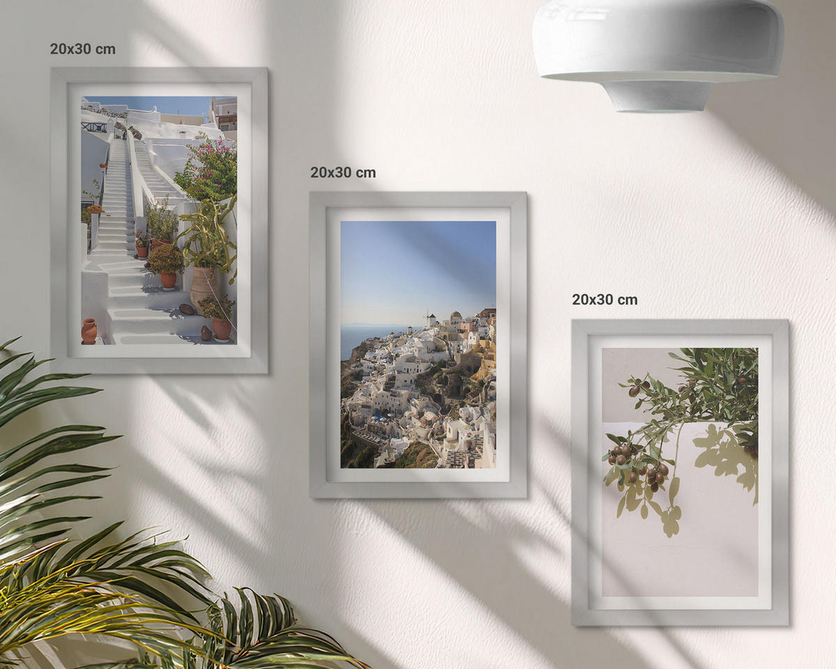 BILDER SET 3er Set - 20x30 cm Silberner Rahmen - Weiße Treppe mit Blick auf Santorini - Silberfarben, Kunststoff (20/30cm) - TULUP