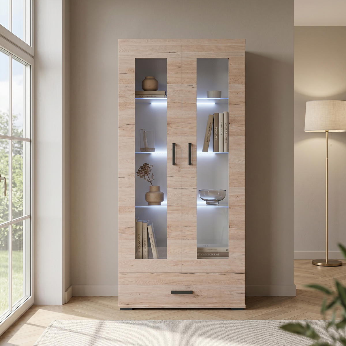 VITRINENSCHRANK LIVORNO 188 x 80 cm Eichefarben - Eichefarben, Holzwerkstoff (80/188/40cm) - MASSENO