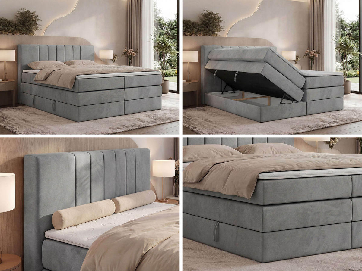 BOXSPRINGOVÁ POSTEĽ INERO KING 180/200 - Svetlosivá Samet - Topper T25 - H4 (tvrdý) - čierna/svetlosivá, textil/plast (180/200cm) - MKS