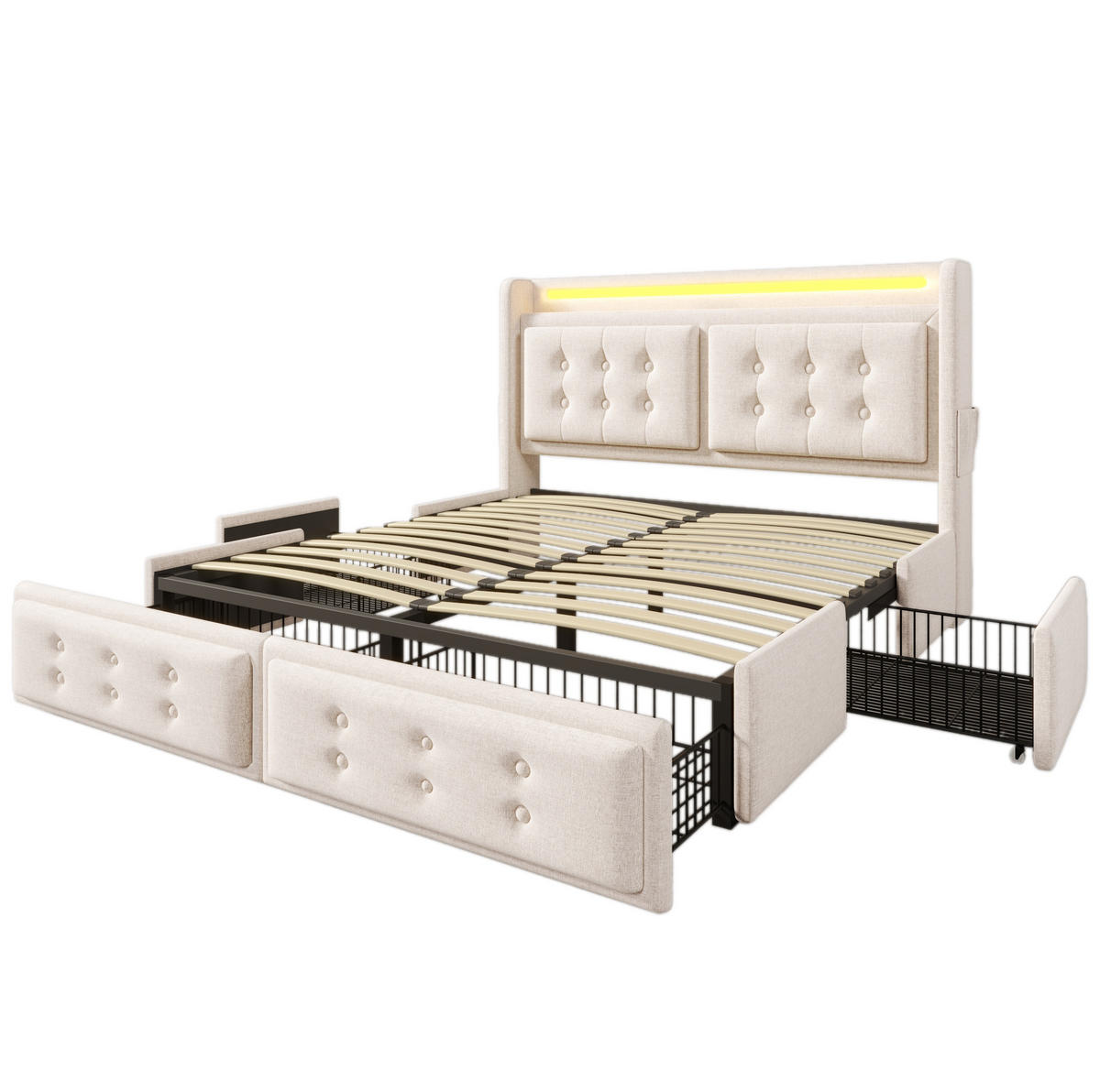 POLSTERBETT 140/200 cm mit LED, USB/Typ-C & 4 Schubladen, gepolstertes Kopfteil,Beige - Beige, Textil (140/200cm) - Redom