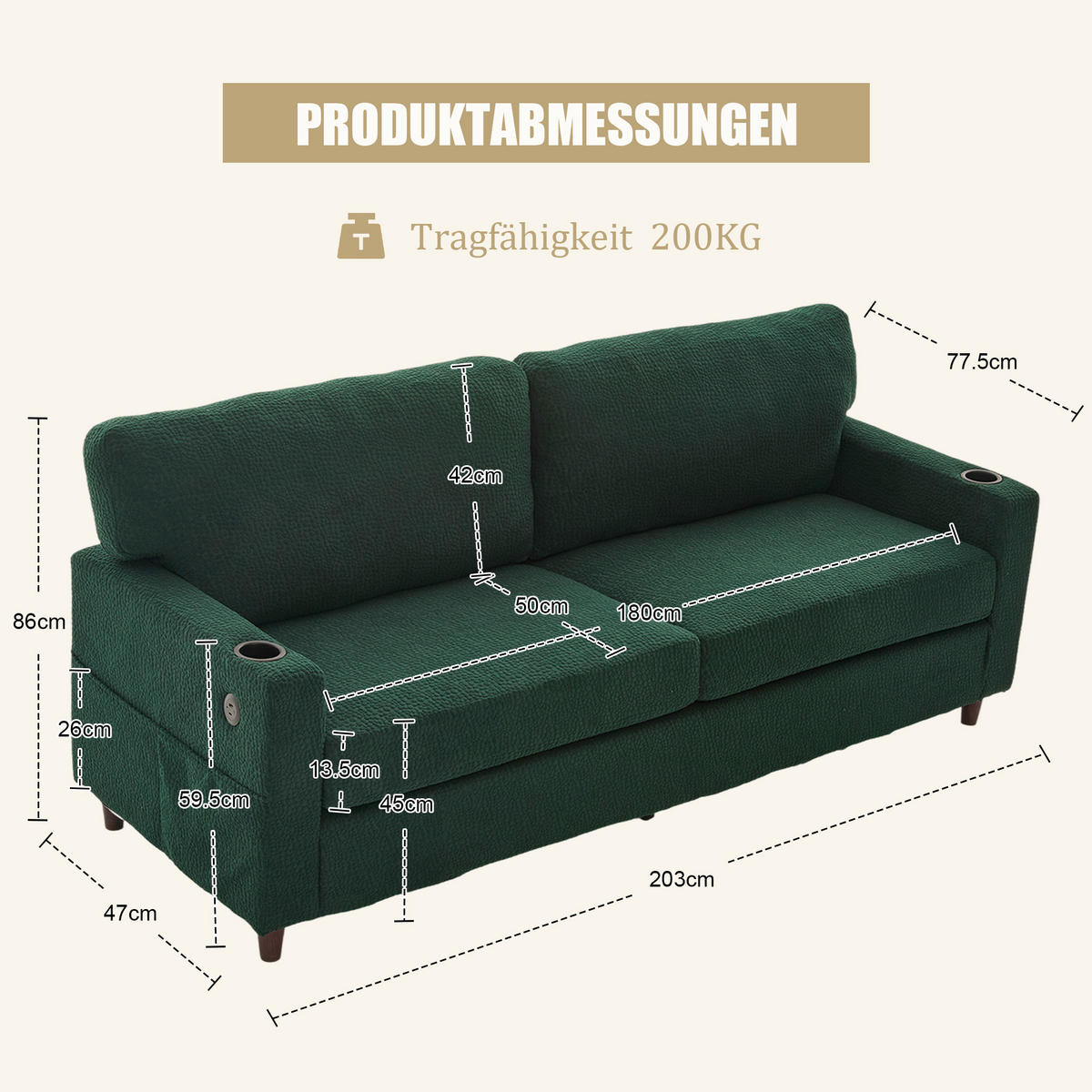 ZWEISITZER Sofa Chenille mit USB-Anschluss LED und Getränkehaltern 203/77,5/86 cm Smaragdgrün - Smaragdgrün, Textil (77.5/86/203cm) - Redom