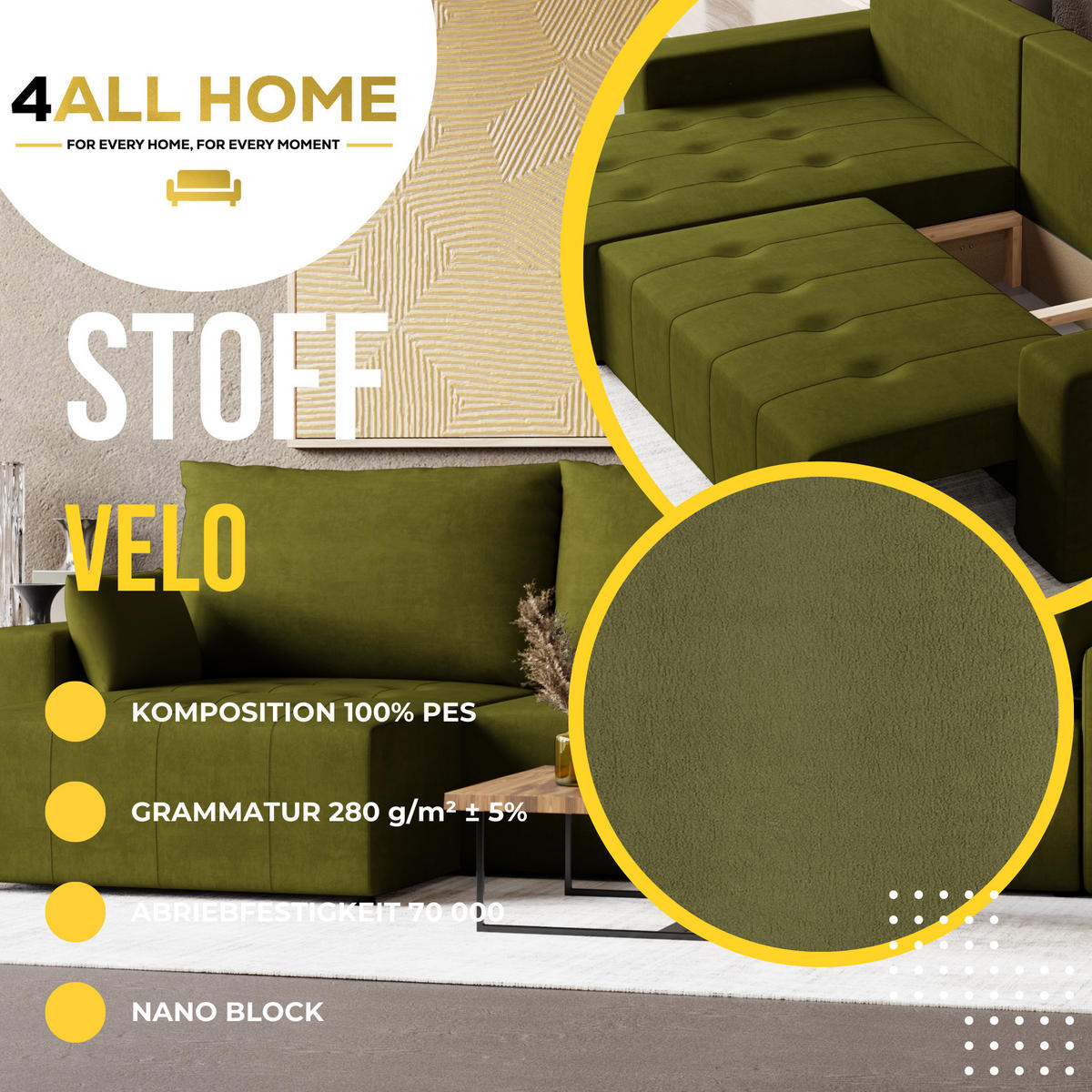 ECKSOFA Tico mit Bettkasten und Schlaffunktion, L-Form/XL-Form, Velourstoff, Universal - Olivgrün, Holzwerkstoff (276/145cm) - 4ALL HOME