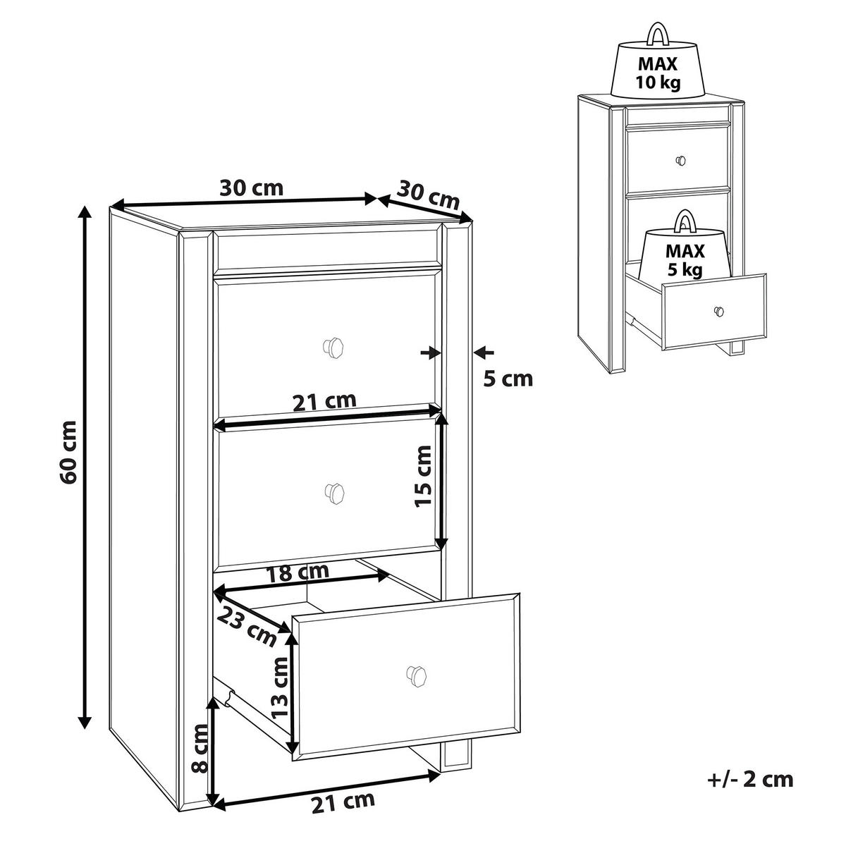 NACHTTISCH Spiegeleffekt 3 Schubladen Lorris - Silberfarben, Glas (45/60/35cm) - Beliani