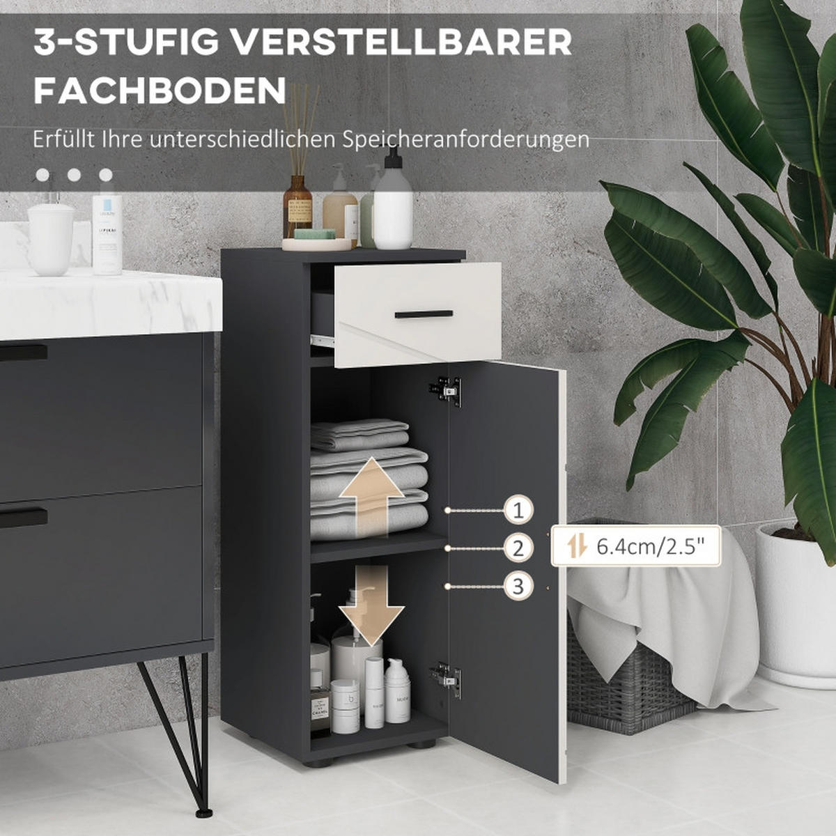 BADEZIMMERSCHRANK 30x30x82 cm Grau mit Schublade & verstellbarem Regal - Grau, Holzwerkstoff (30/82/30cm) - Modfu