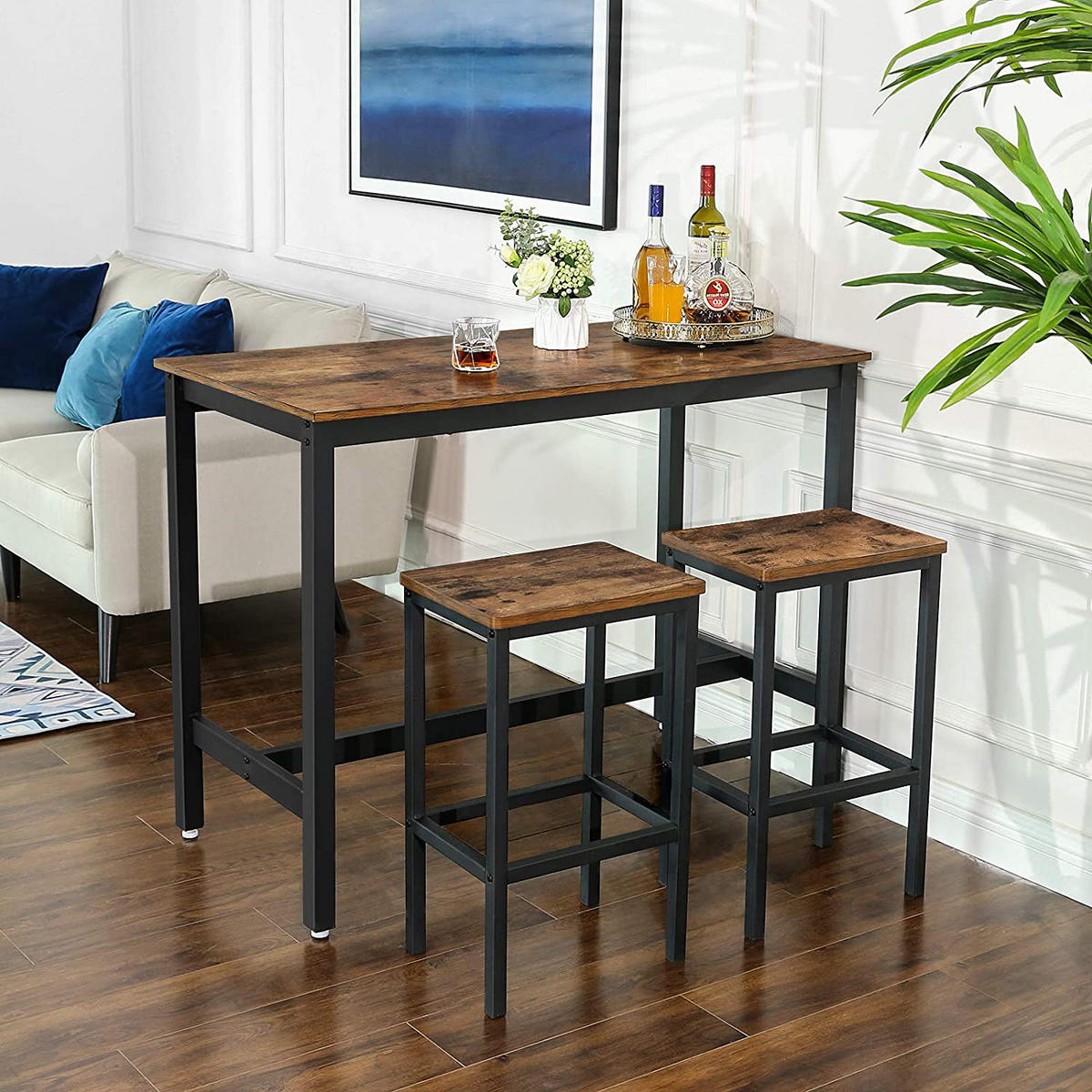 BARHOCKER - 2er-Set - Eiche Rustikal Dekor / Schwarz - Eichefarben/Schwarz, Holzwerkstoff/Metall (40/65/30cm) - home24