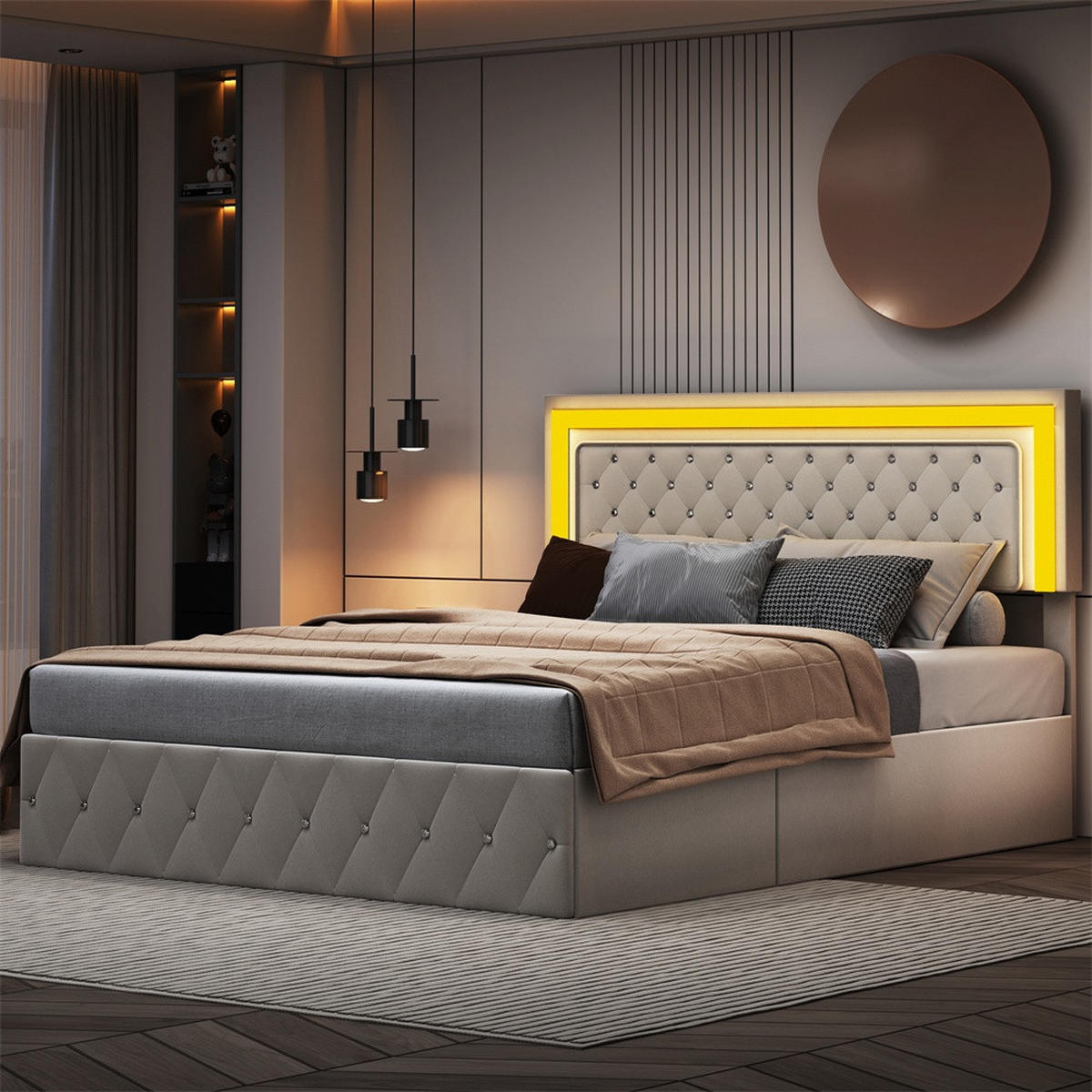 POLSTERBETT 160x200 cm - mit LED-Kopfteil und hydraulischem Bettkasten - Samt - ohne Matratze - Beige - Beige, Textil (160/200cm) - DELFA
