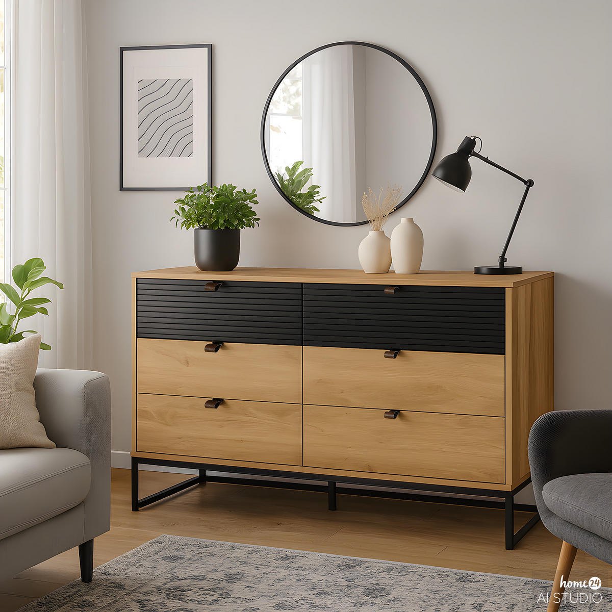 KOMMODE mit Schubladen - 120 cm - Eichefarben/Schwarz, Holzwerkstoff/Kunststoff (120/80/40cm) - home24